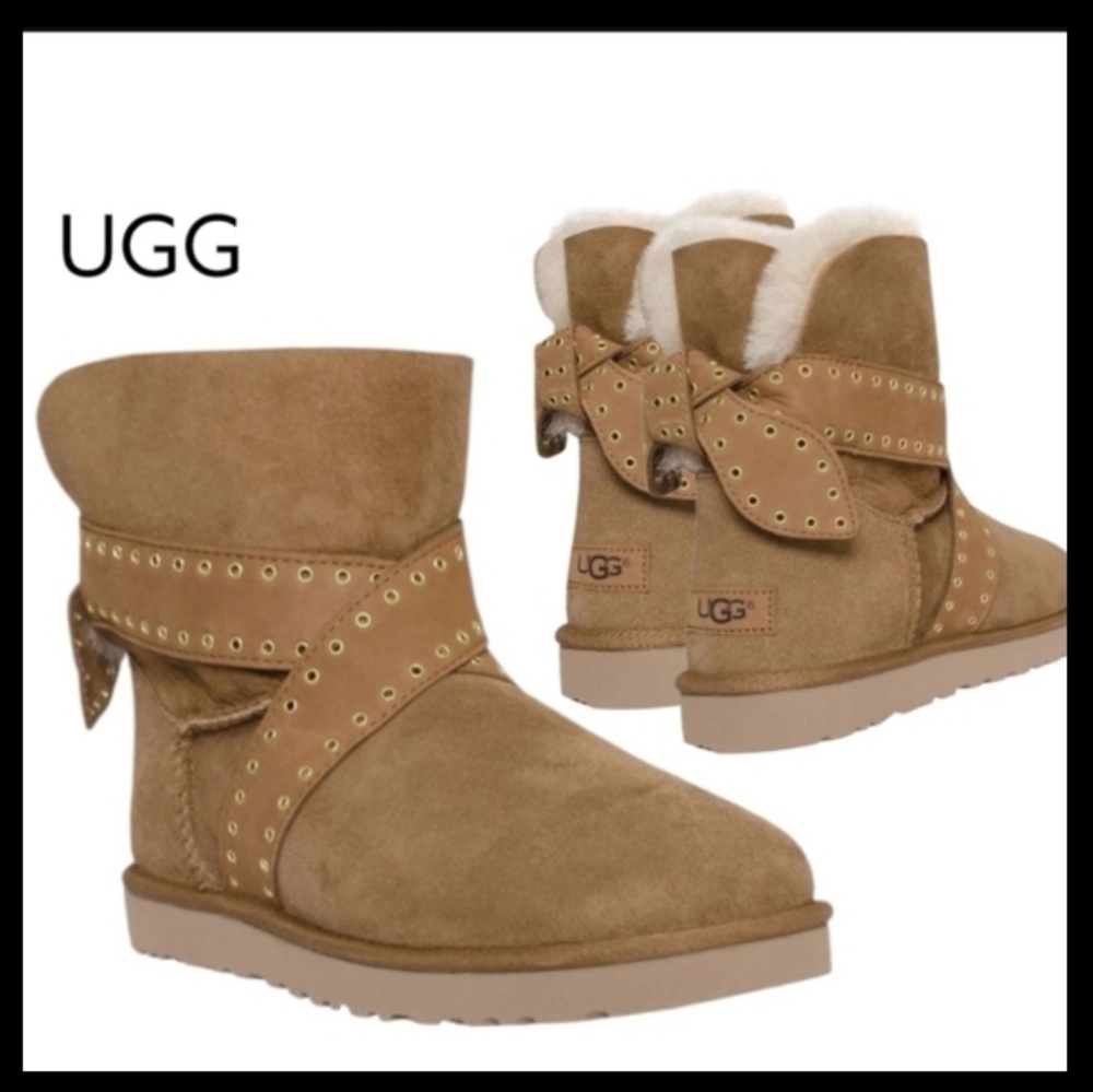 UGG Shearling Cameron Grommet Bow Chestnut Brown 6in Ankle Boot Winter Woman 9 - Picture 12 of 12